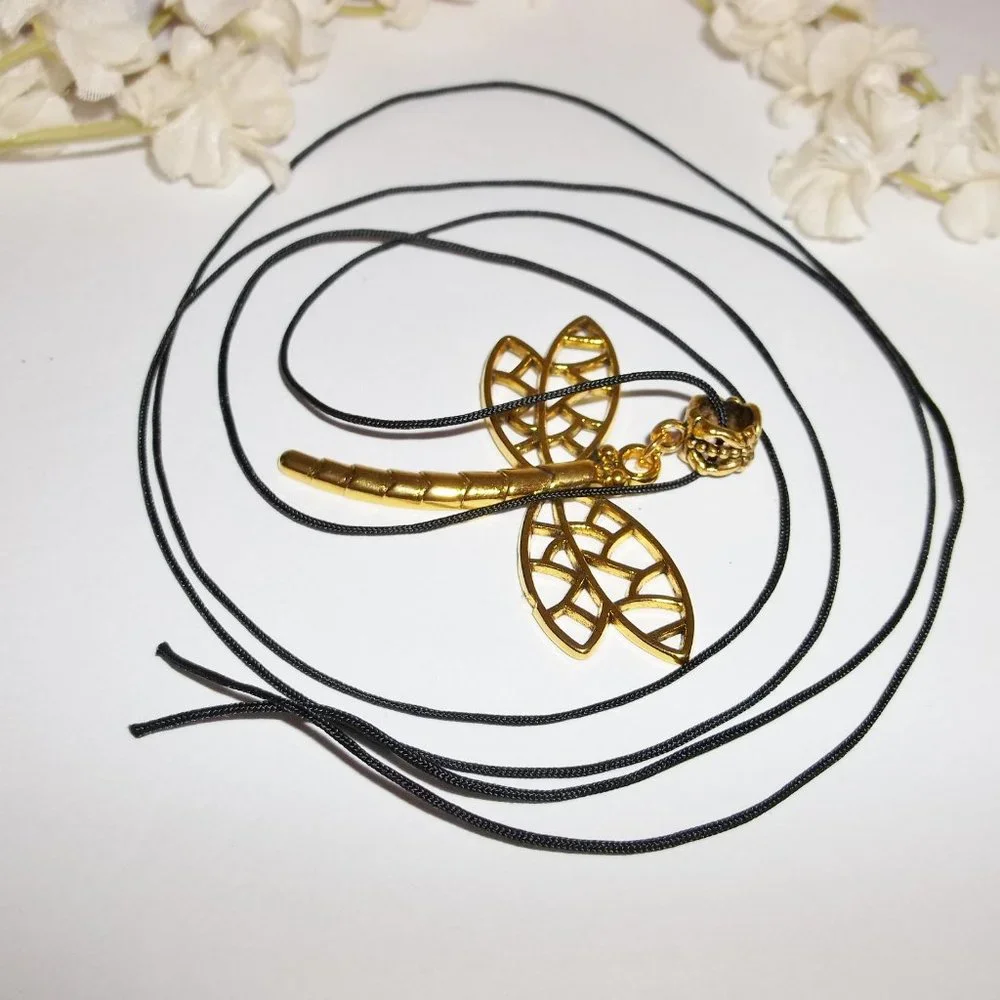 Large Gold Dragonfly Necklace Statement Gift Idea Big Adjustable Length NWT 7282 - Picture 5 of 11